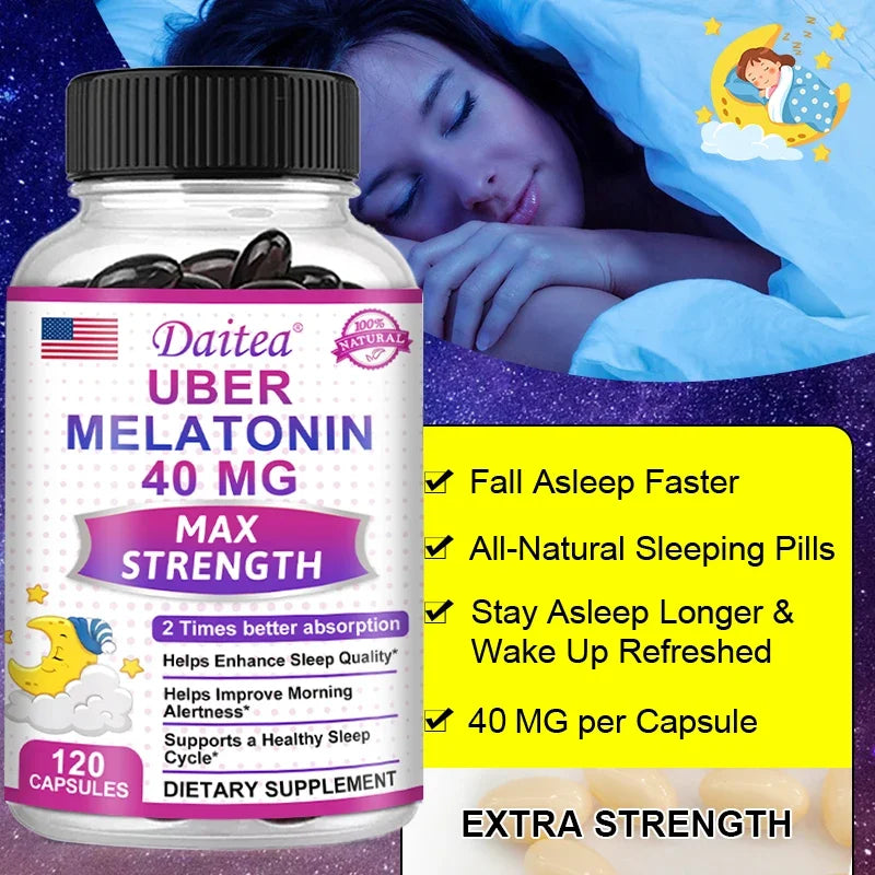 Daitea Melatonin Supplement 40mg Contains Vitamin C Theanine Extract Capsules to Promote Sleep Quality & Alertness Non-GMO