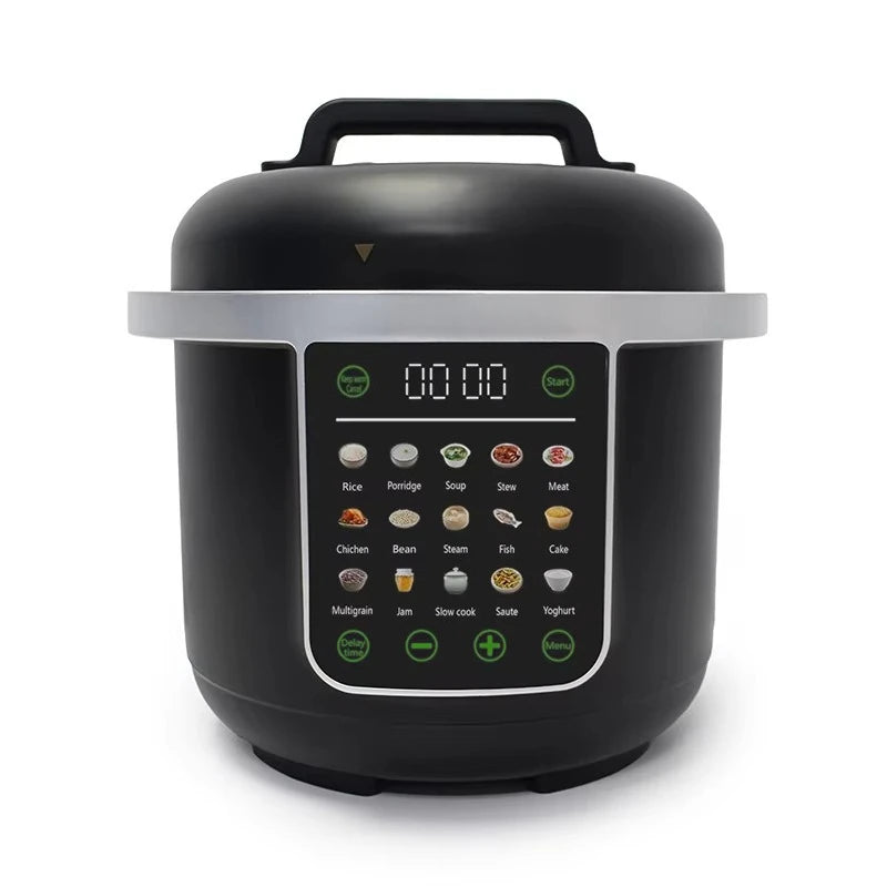 Black electric pressure cooker front view with LED display and program buttons