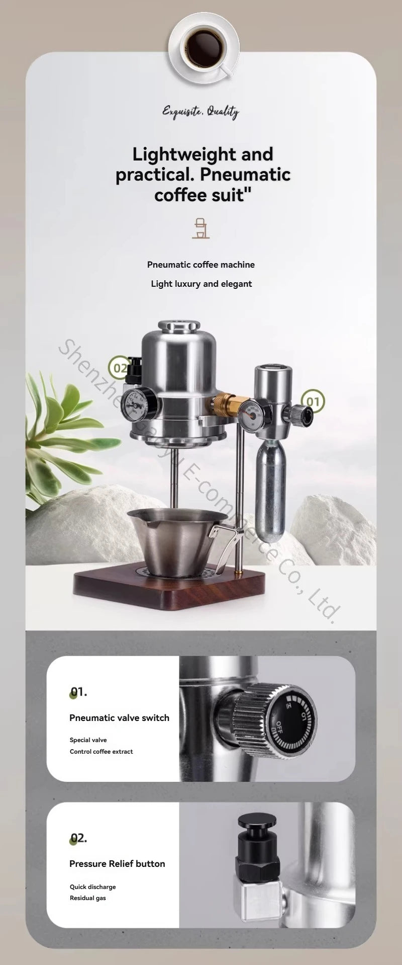 Stainless steel pneumatic coffee maker with pressure gauge and wood base on a minimalist display stand.