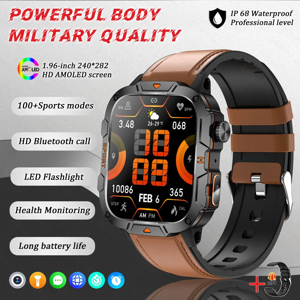 Brown leather smart watch with black case and orange digits on display