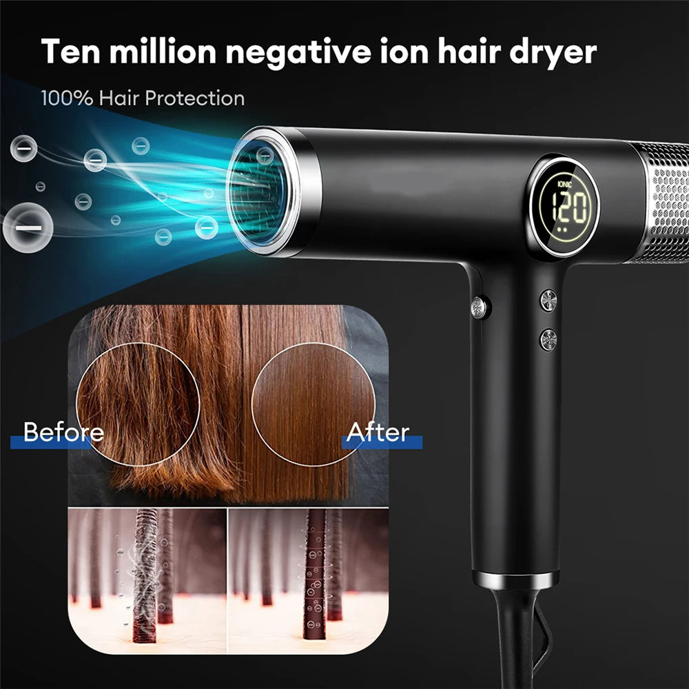 Black 110000RPM professional brushless negative ion hair dryer with digital display for salon-quality blow drying.