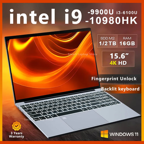 Silver 15.6-inch laptop with thin bezels, backlit keyboard, trackpad with fingerprint sensor, and orange screen display.