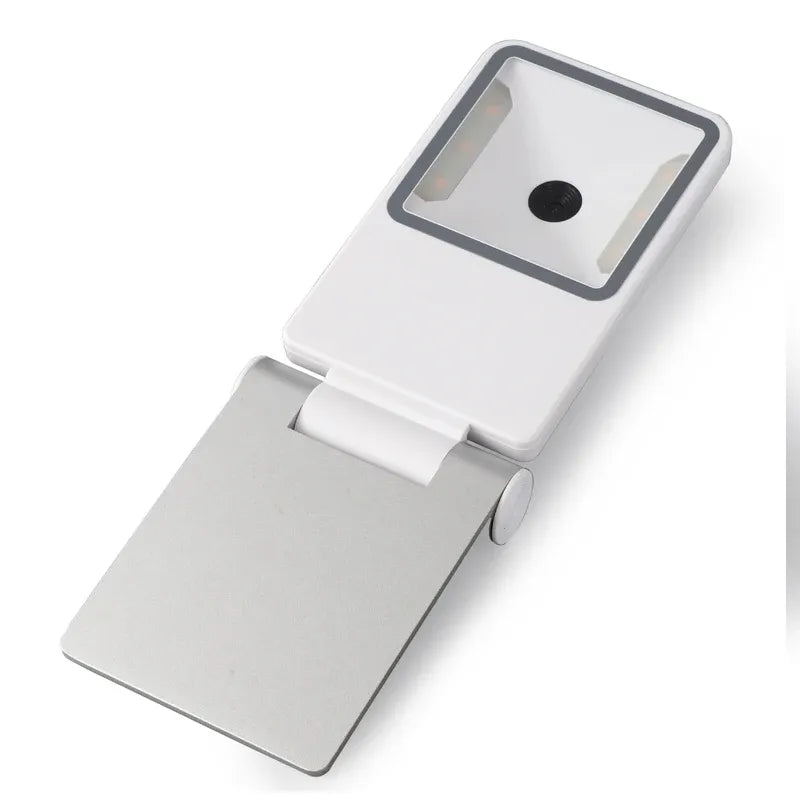 White desktop 2D barcode scanner dock with scanning window and circular camera lens