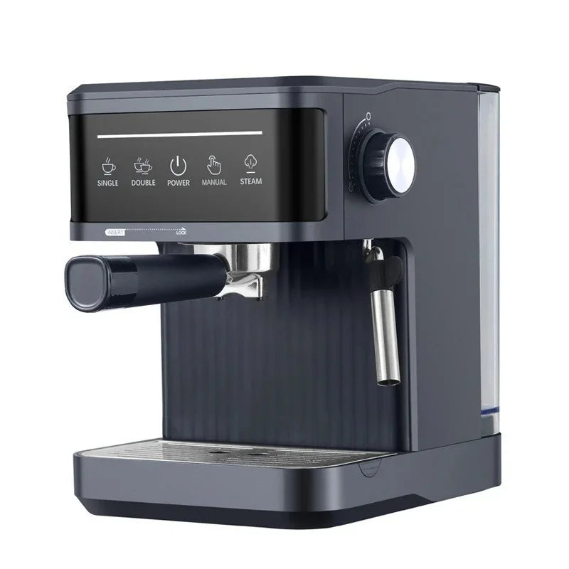 Modern matte grey espresso machine with touch control panel, steam wand, and removable water tank.