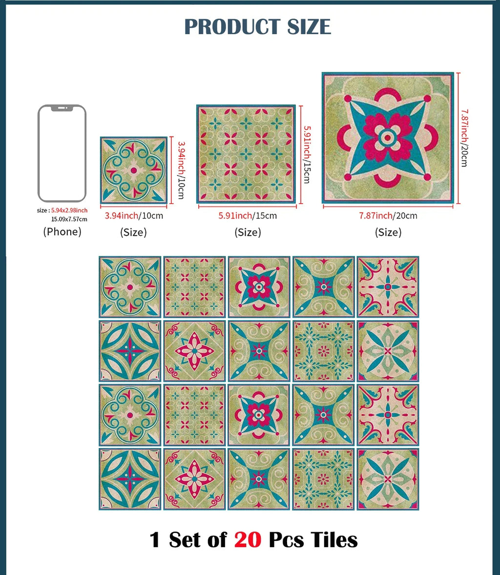 Dark Grey Vintage Boho Floral Tile Stickers Self Adhesive Glossy PVC Waterproof Decals Cabinet Kitchen Bath Wall Backsplash Deco
