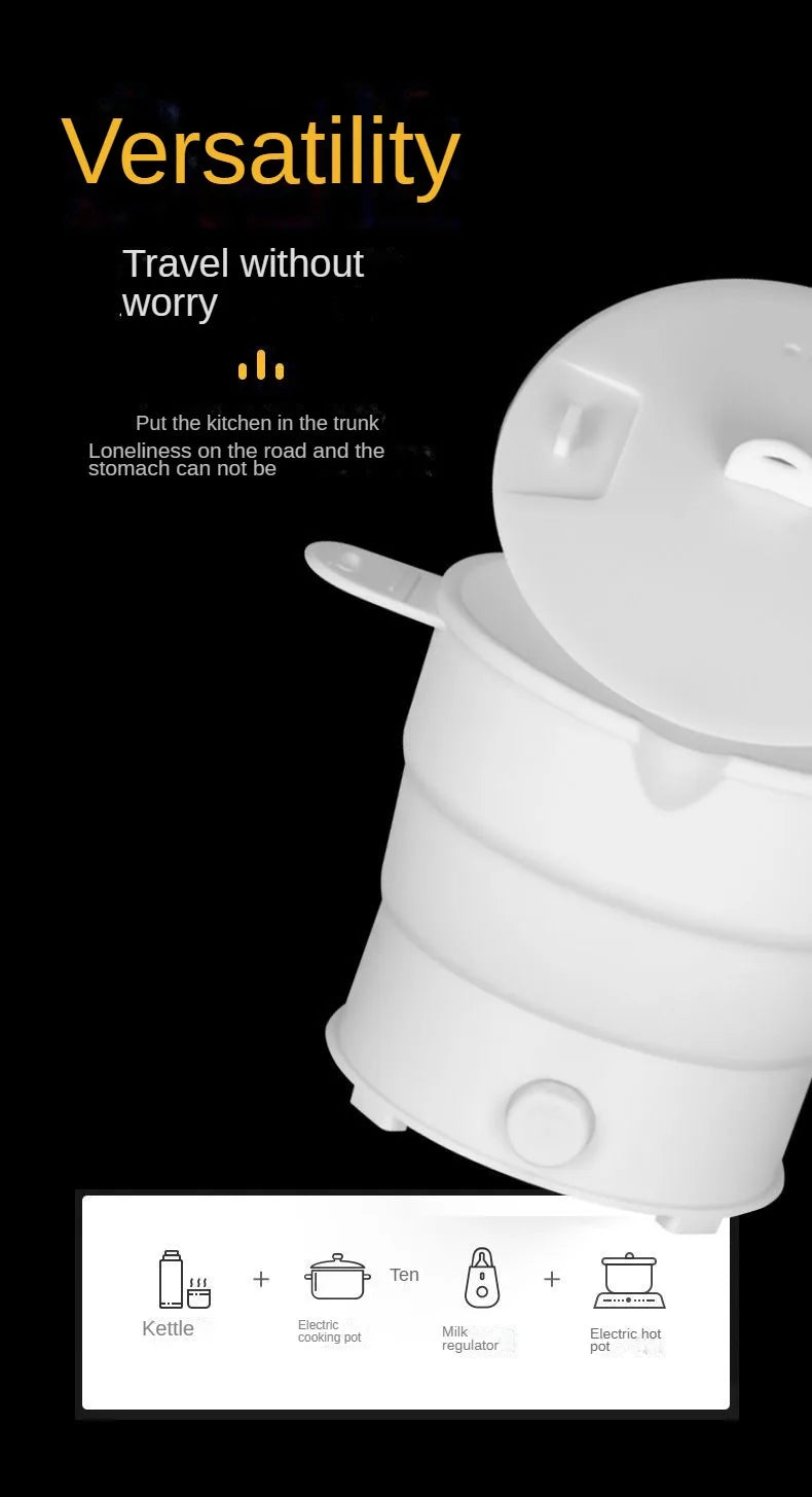 White foldable electric baby food warmer pot with lid open and small accessory icons
