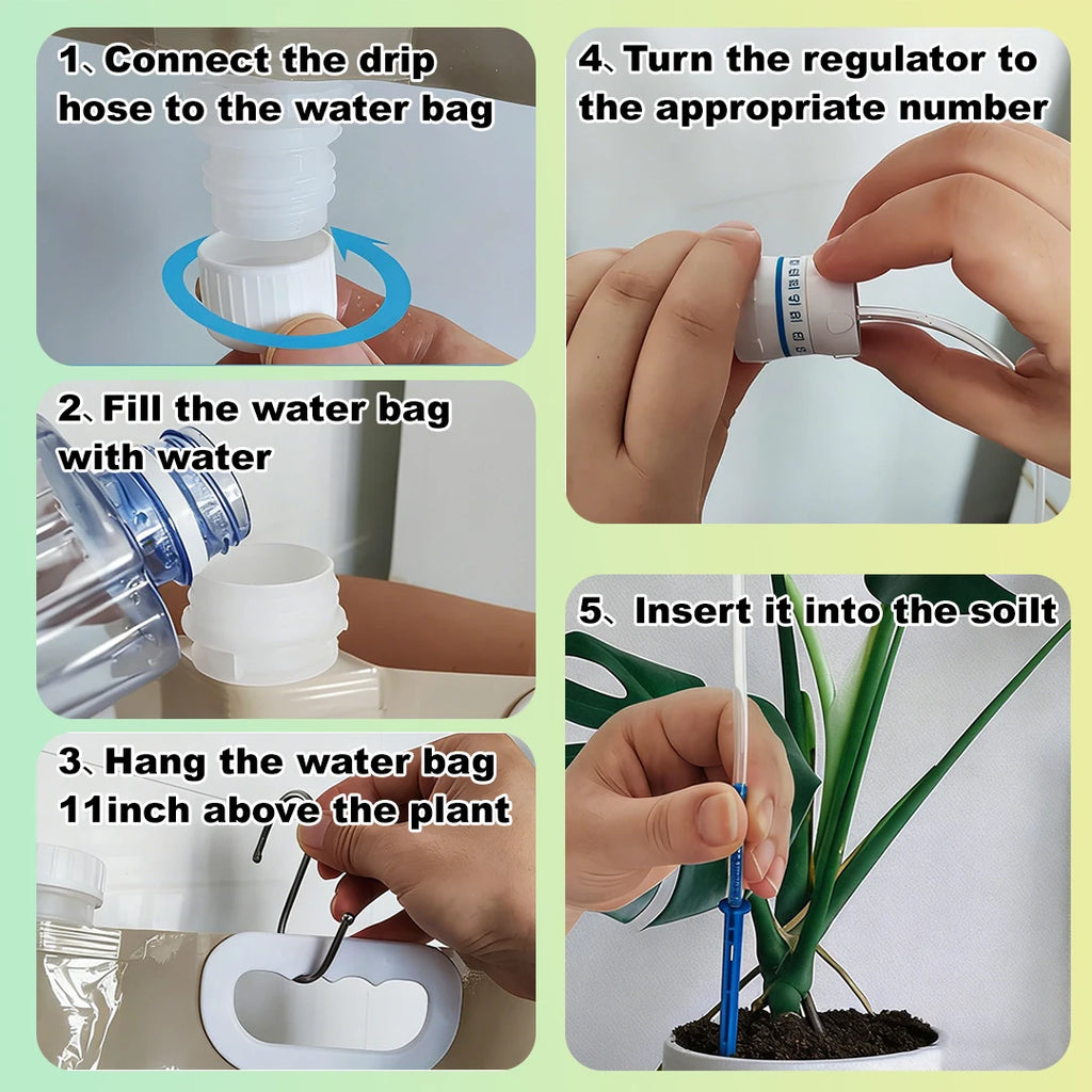 Automatic drip irrigation watering bag kit showing connect, fill, hang, and adjust steps