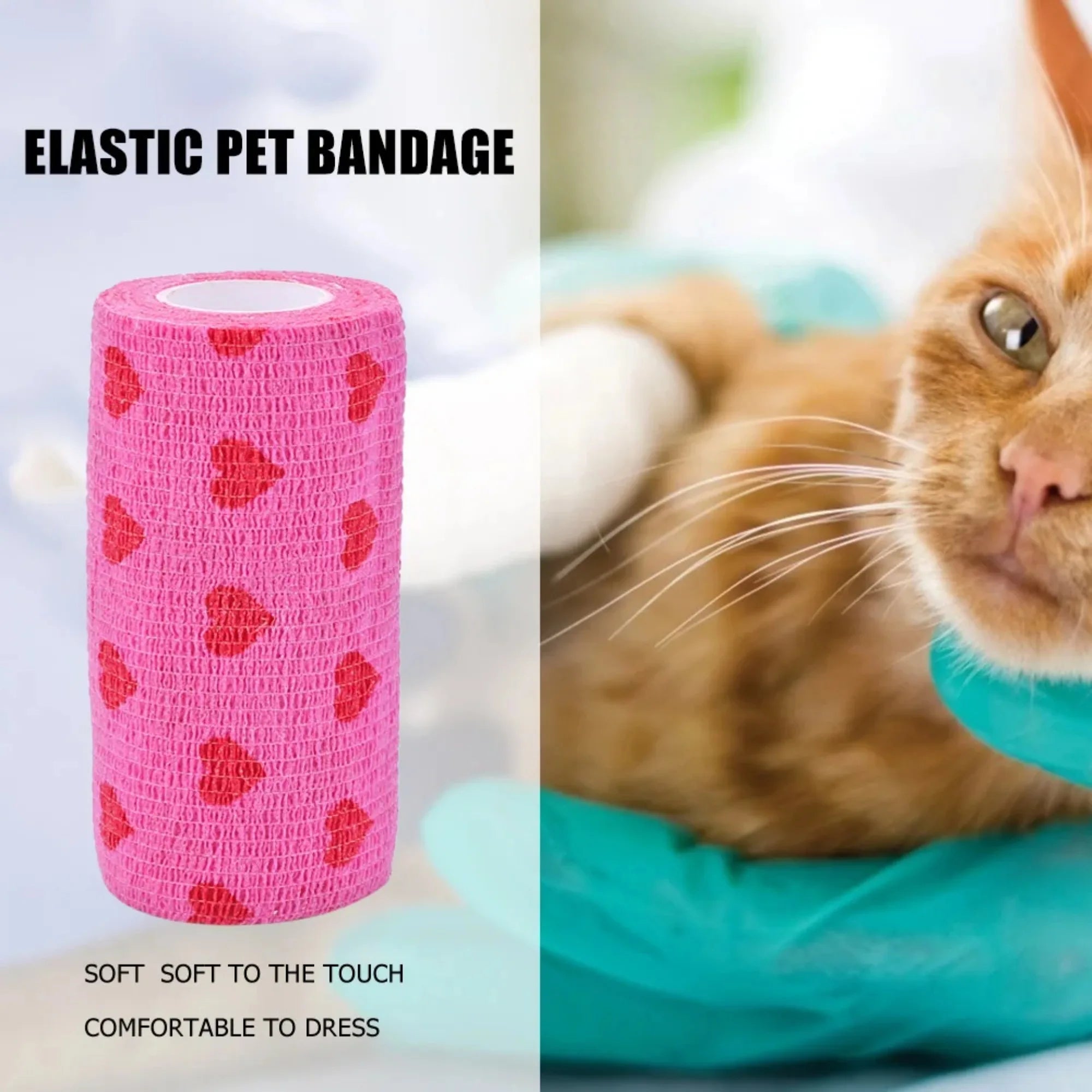 Pink heart-patterned, breathable self-adherent pet bandage for dog and cat wound care and injury support.