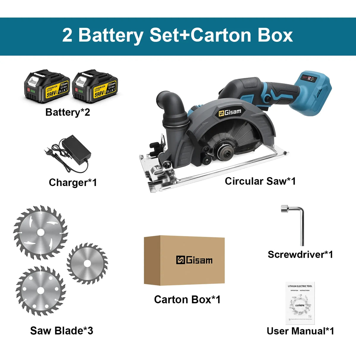 Circular saw 2-battery set with two batteries, charger, blades, screwdriver, manual