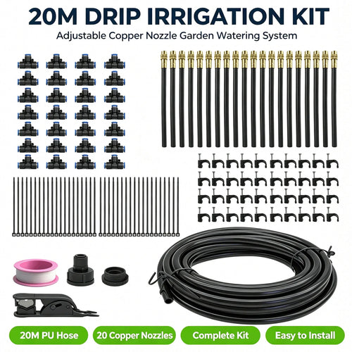 20M drip irrigation kit with adjustable copper spray nozzles, black hose, clips and adapters