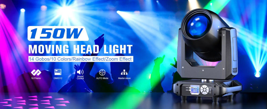 U'King 150W Beam Moving Head Light Rotating 18 Prisms 14 Gobos LED Rainbow Effect Zoom Stage Light DMX512 for DJ Disco Wedding