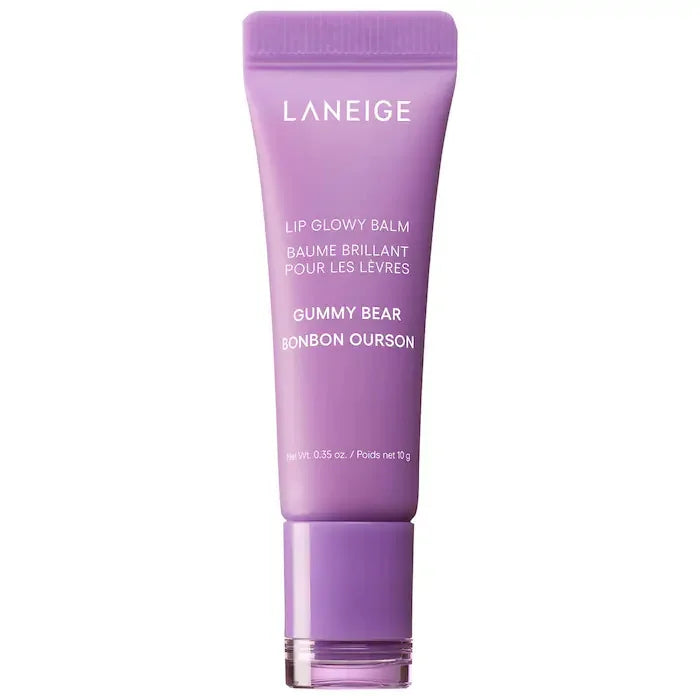 Laneige Gummy Bear Lip Glowy Balm in a purple squeeze tube for smoothing, hydrating, and nourishing lip makeup care.