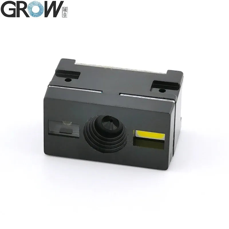 Barcode scanner module with black housing, round lens window, and yellow indicator