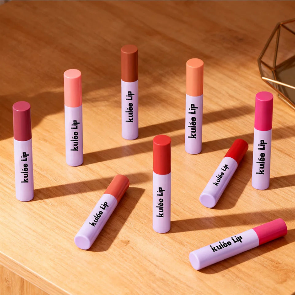 Lakerain Kulfée moisturizing lip oil set: 9 vibrant, non-sticky, smooth-glide lip gloss shades in pastel tubes.