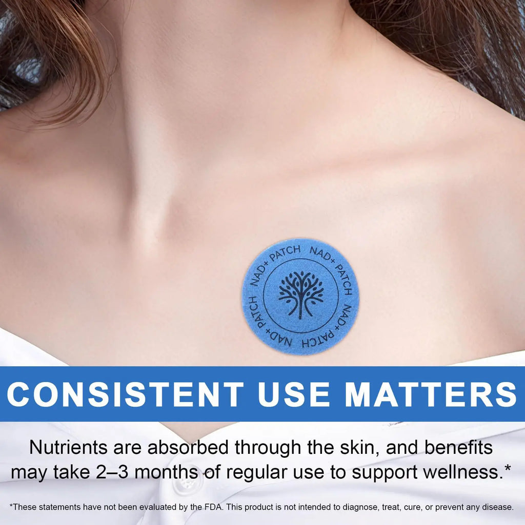 Blue circular NAD+ weight management patch applied to skin for daily body care and wellness support.