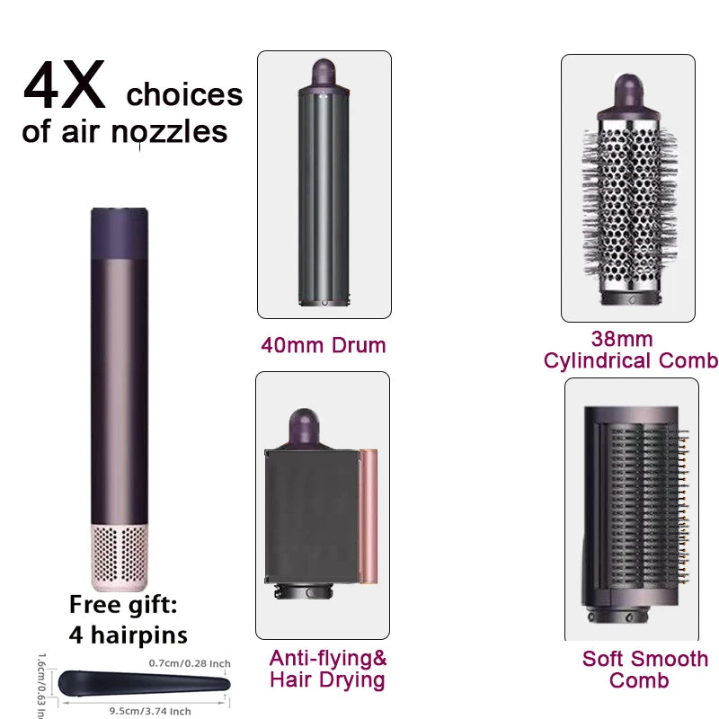 SenCiciMen 6-in-1 purple hair styler kit with 40mm curling barrel, hot air brush, dryer, and smooth comb attachments.