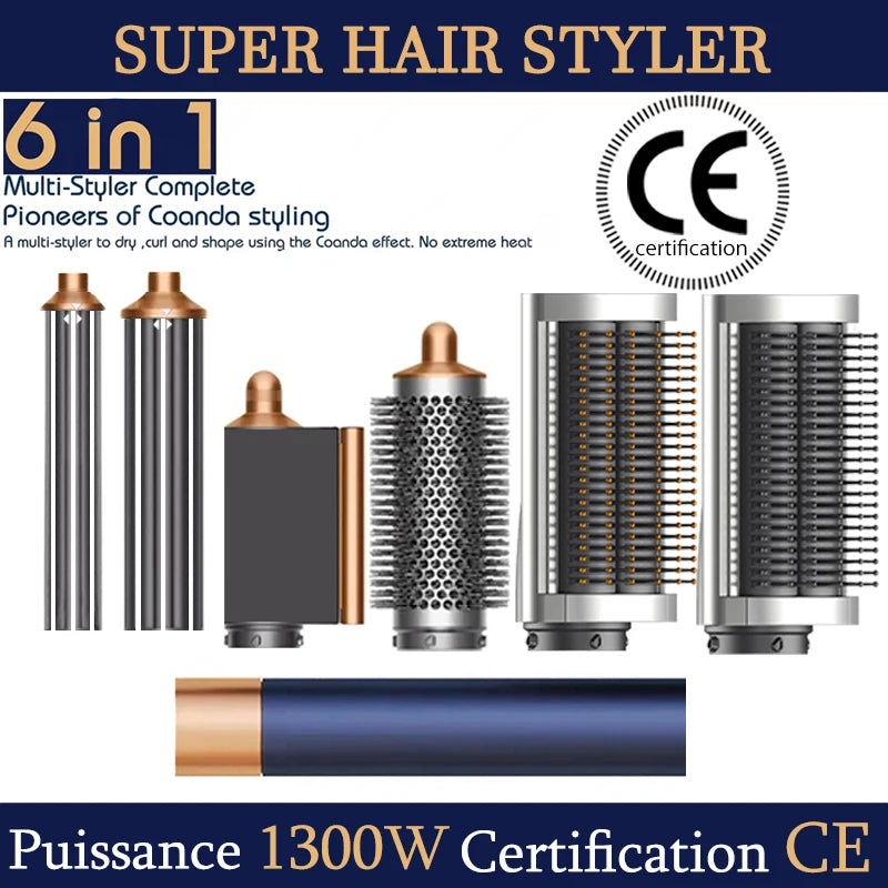 SenCiciMen 6-in-1 hair styler set with blue and gold curling barrels, hot air brushes, and professional dryer base.