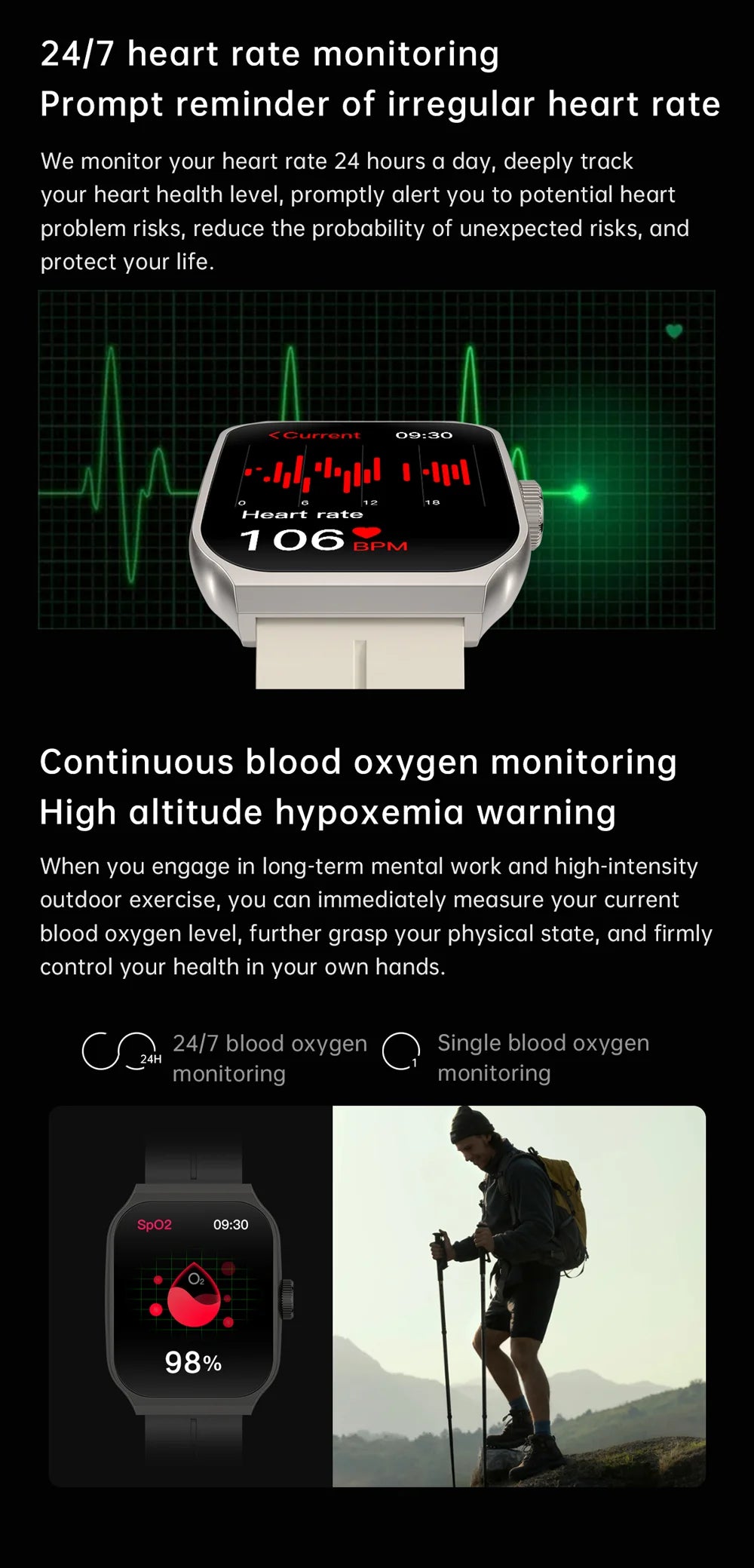 YLL-HRS H99 Smart Fitness Tracker Watch Exercise Record Heart Rate Monitor Sleep Tracker Custom Dial Chronograph Alarm Clock