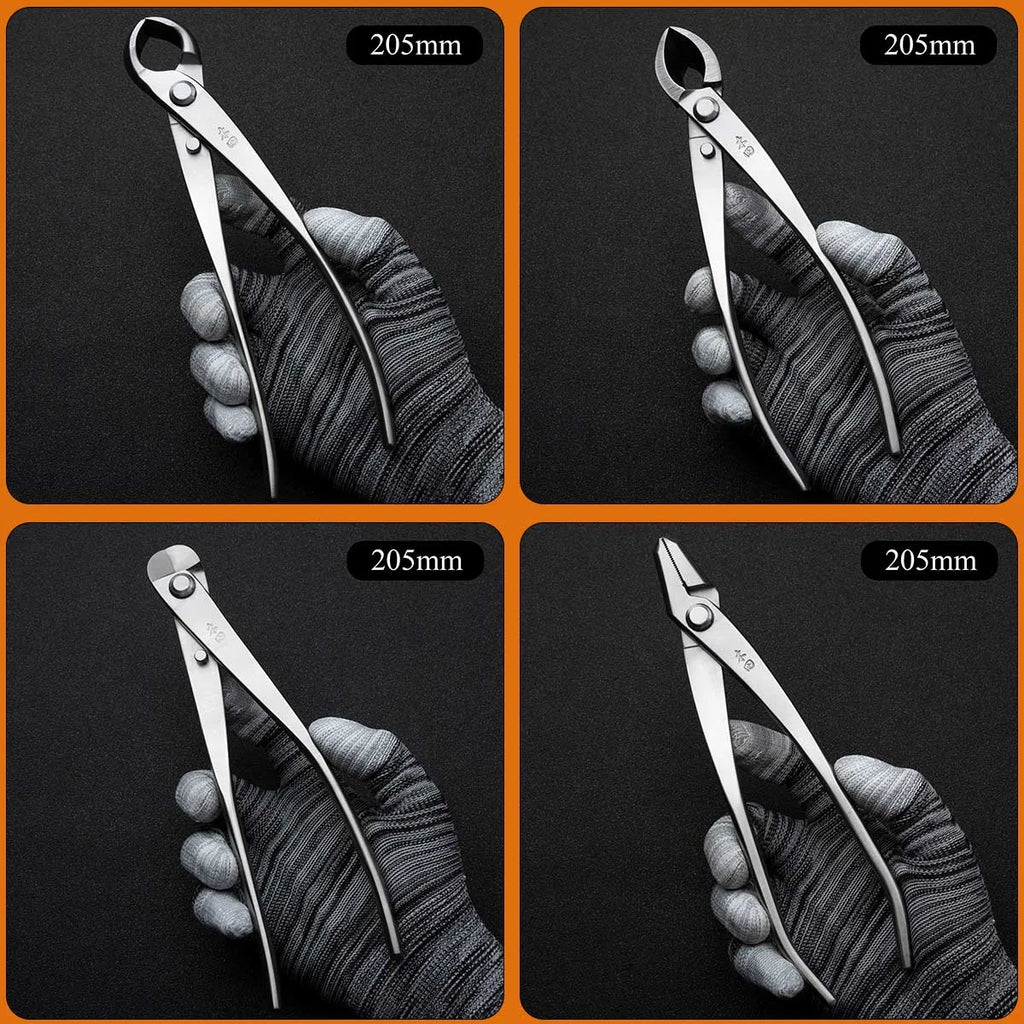 Bonsai pruning shears and scissors with textured handles, shown in four angles