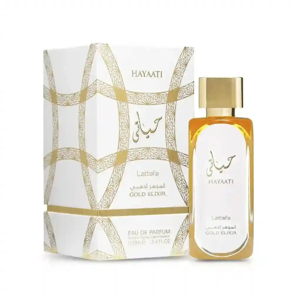Lattafa Hayaati Gold Elixir EDP, long-lasting Arabic perfume for men in elegant bottle with gold and white gift box.