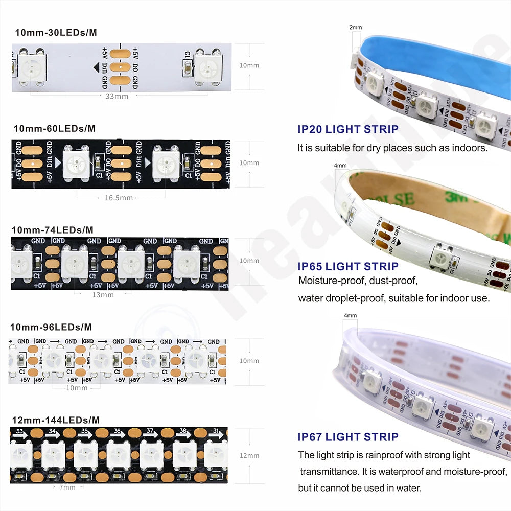 WS2811 WS2812 WS2813 WS2815 DC 5V 12V Color-Changing Addressable and Programmable LED Light Strips for Colorful Lighting