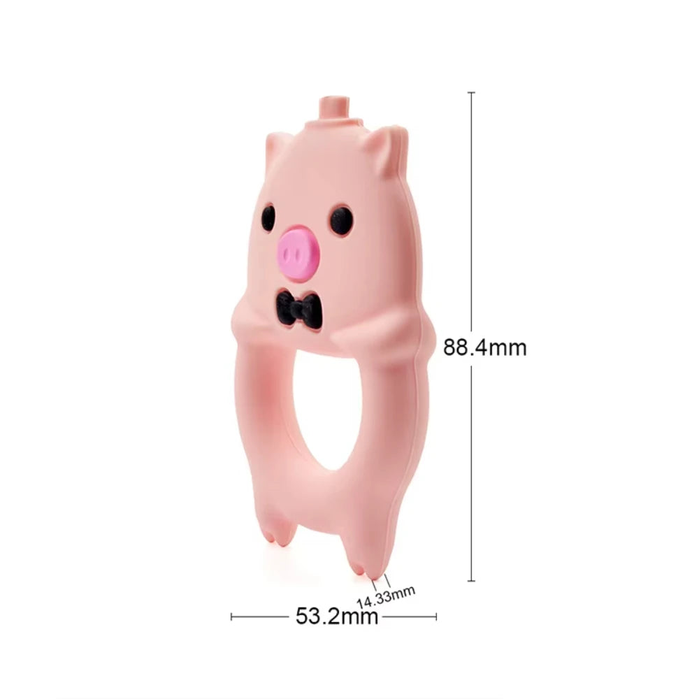 Pink pig silicone teething ring for baby teething relief.