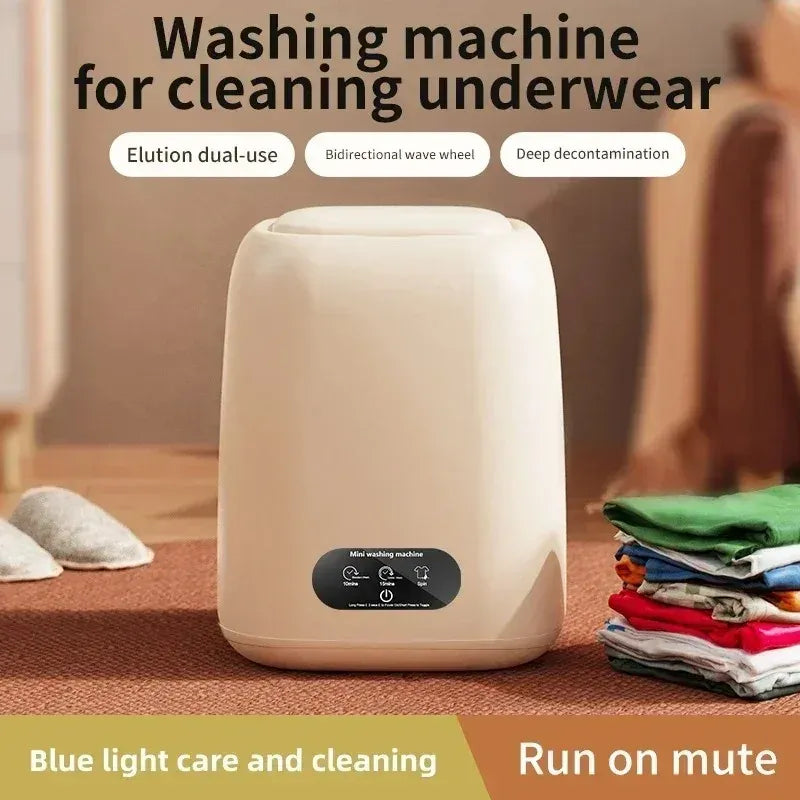 Mini washing machine for underwear with mute operation, blue light care, and deep decontamination features on a floor.