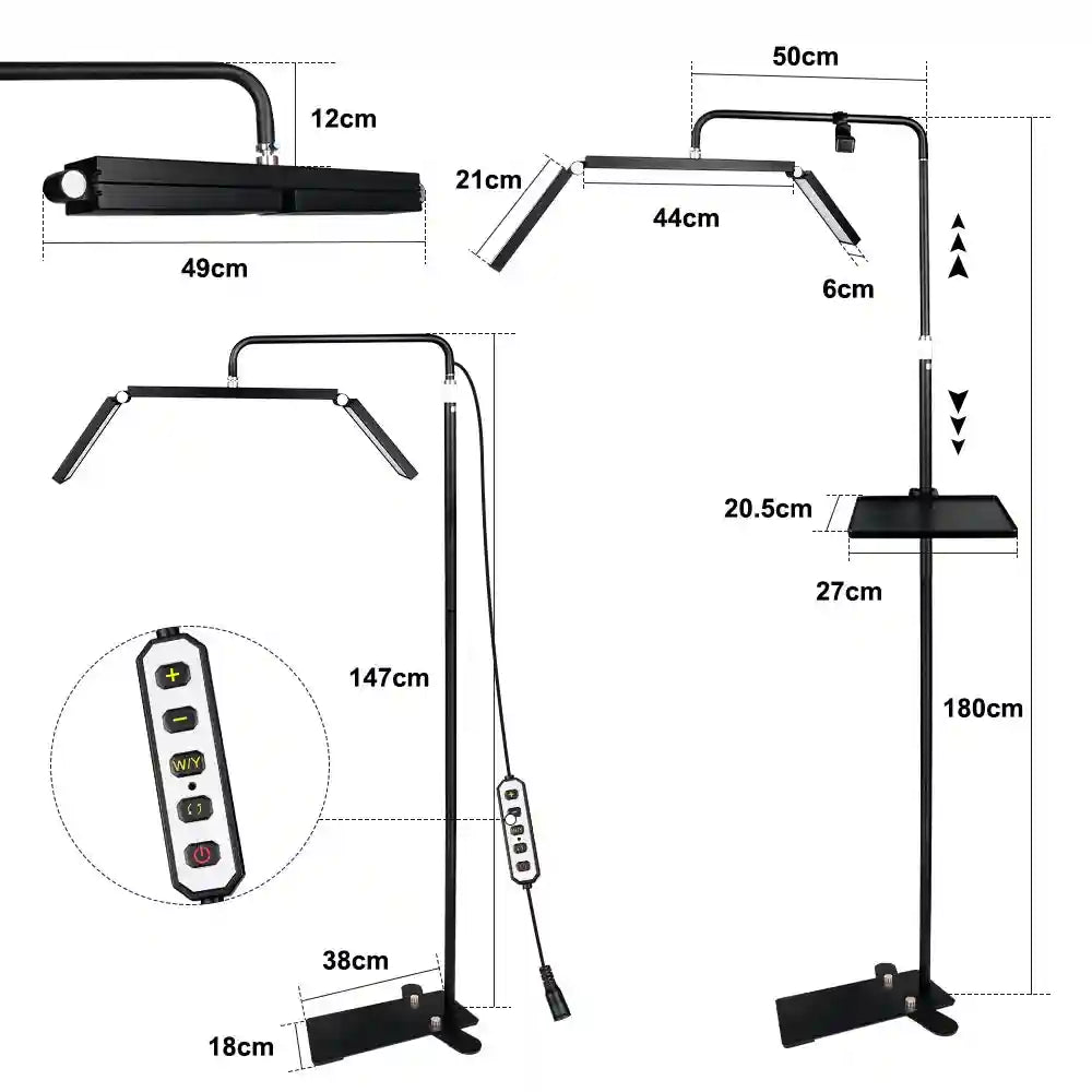 Black adjustable floor lamp with three-section pivoting LED head, equipment tray, and remote for beauty or task