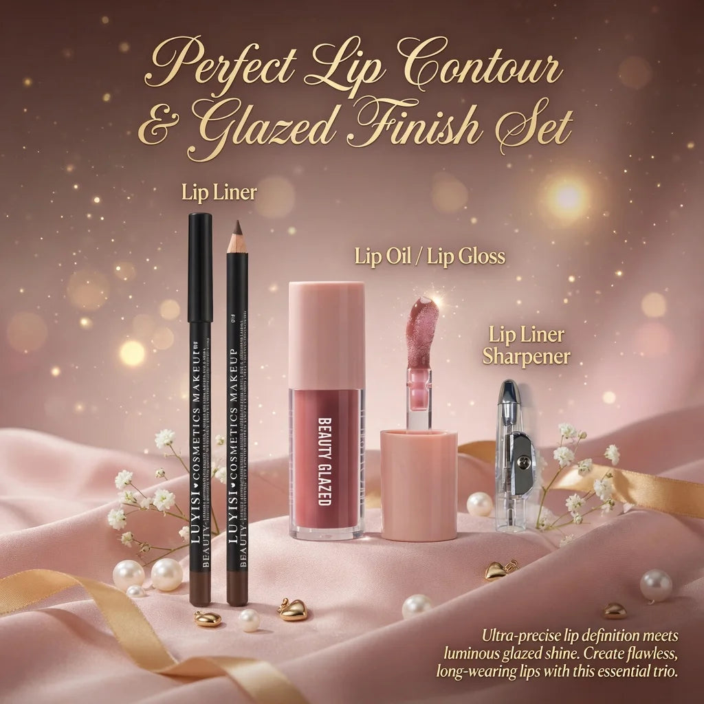 3pc Lip Beauty Set: blendable brown lip liner, moisturizing glossy lip oil, and sharpener on pink satin background.