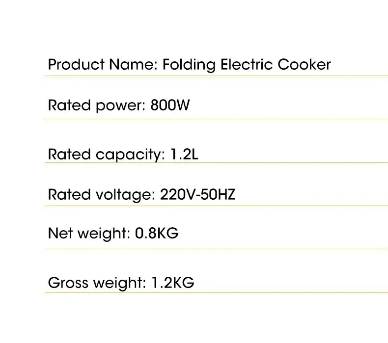 Specs card for folding electric cooker: 800W, 1.2L, 220V