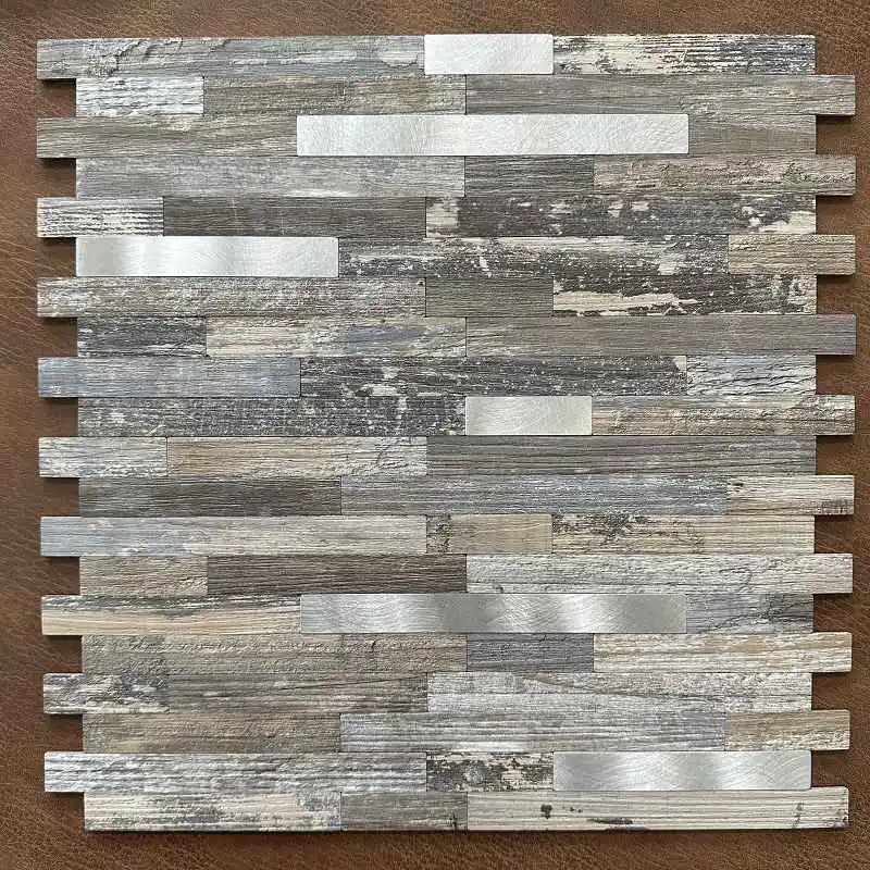 Peel-and-stick mosaic wall tile, rectangular gray-silver metal composite pieces