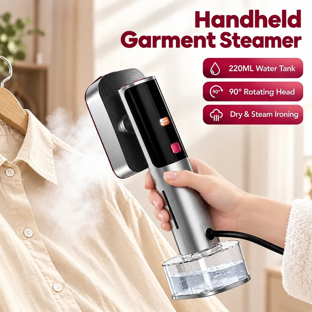 Handheld garment steamer with 220ml water tank and 90-degree rotating head steaming a shirt.