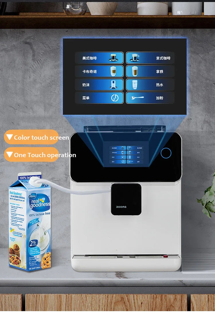 Rooma white automatic coffee machine with touch screen interface and integrated milk frothing hose for lattes.