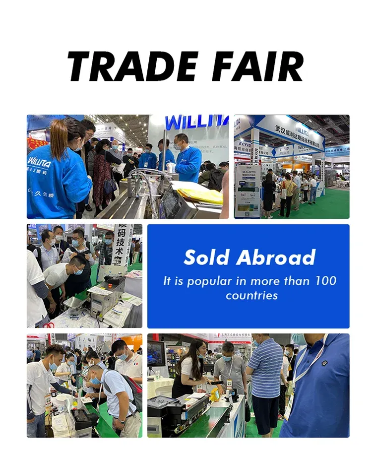 Inkjet printer trade fair booth display with staff and equipment