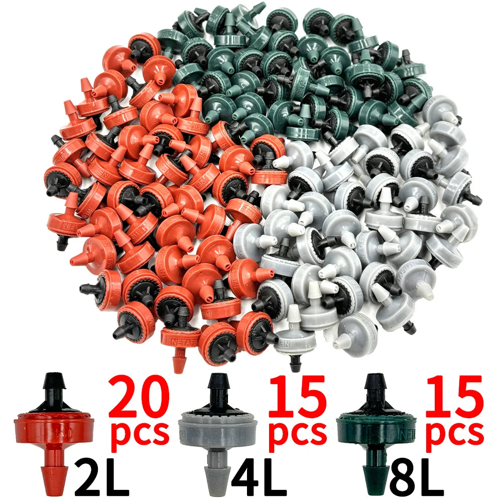 Assorted pressure-compensating drip emitters in red, green, and white, bulk set