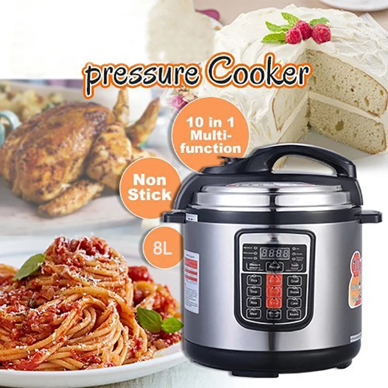Silver pressure cooker with digital buttons and black handle lid