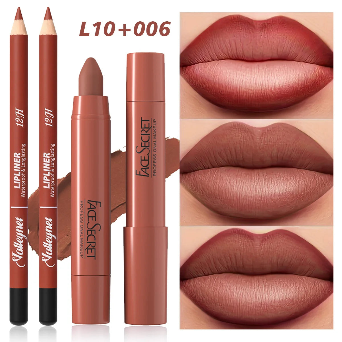 2-piece lip combo set with long-lasting matte velvet lipstick and waterproof lipliner pencil in a brown nude shade.