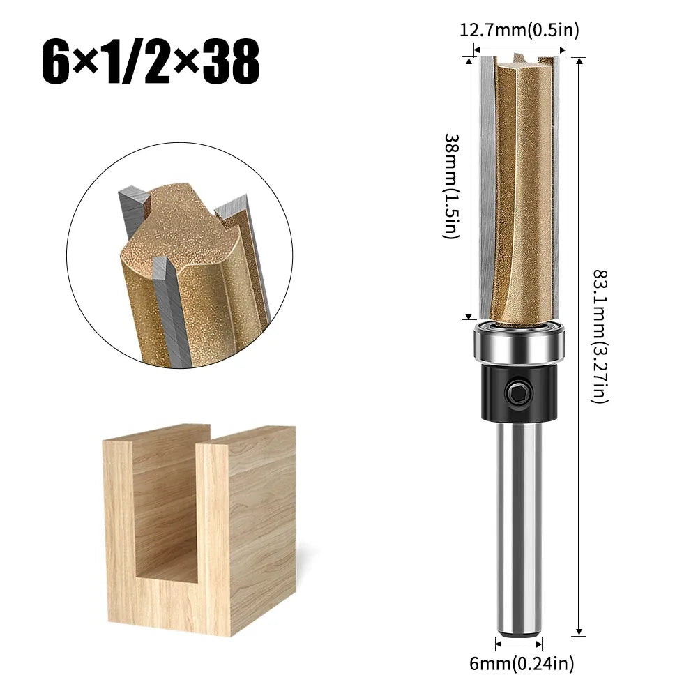 3-edge straight router bit with bearing, 6mm shank, gold carbide, 6x1/2x38mm