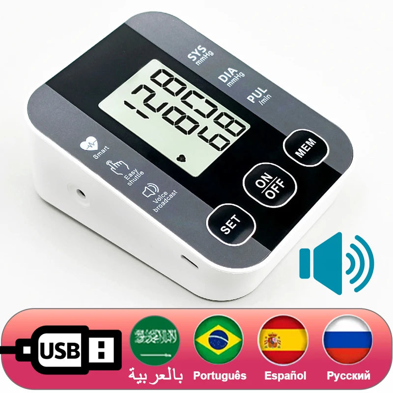 Voice BP Sphygmomanometer Heart Rate Pulse Tonometer Russian / Arabic / Spanish / Portuguese Voice Arm Blood Pressure Monitor