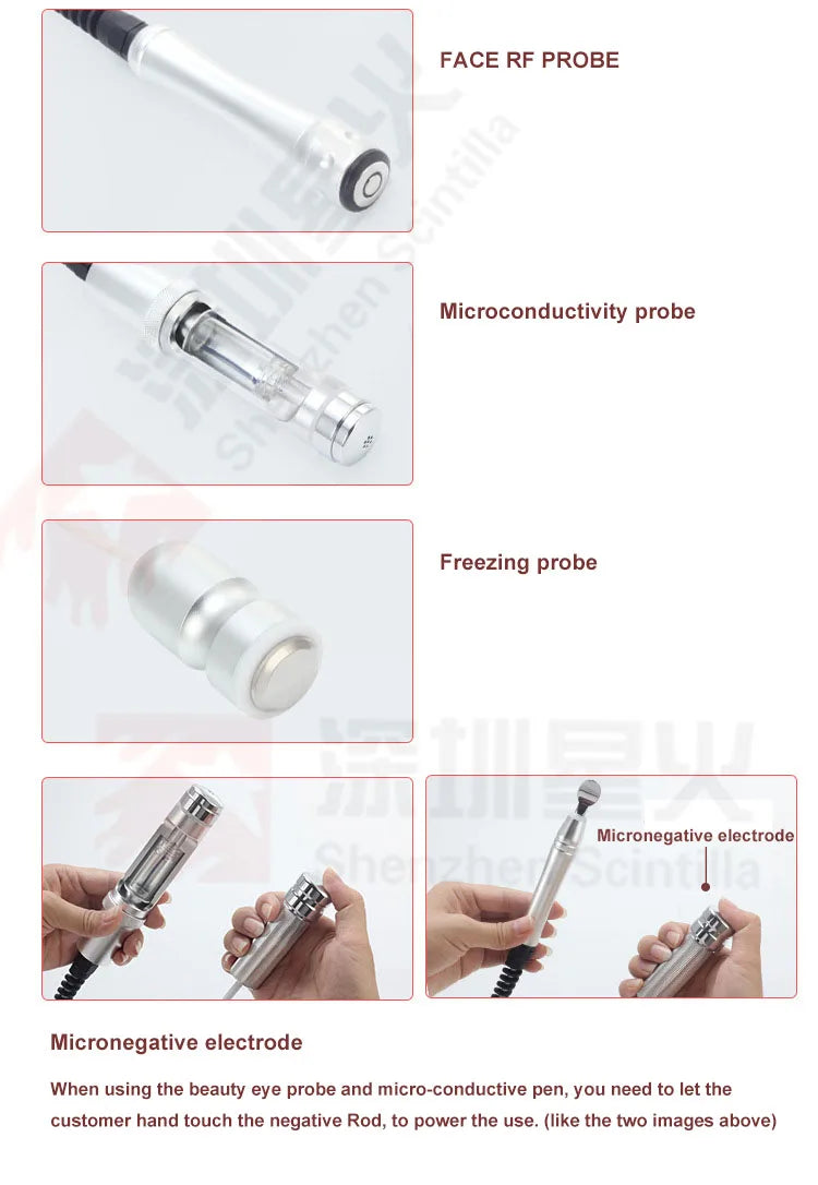 7-in-1 facial machine probes: RF, microcurrent, freezing, and microneedative electrodes for home skin management.