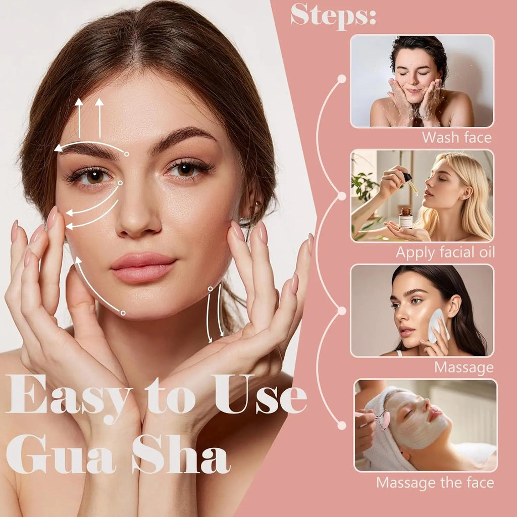 Instructional graphic showing steps for using a white stone gua sha and facial roller for a skincare massage routine.