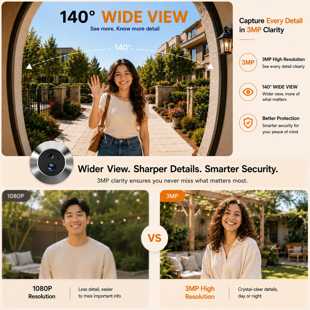 Tuya Smart 3MP 140° Wide View Angle Mini Digital Peephole Eye Viewer WiFi IR PIR Detection Doorbell Door Camera Alexa Google