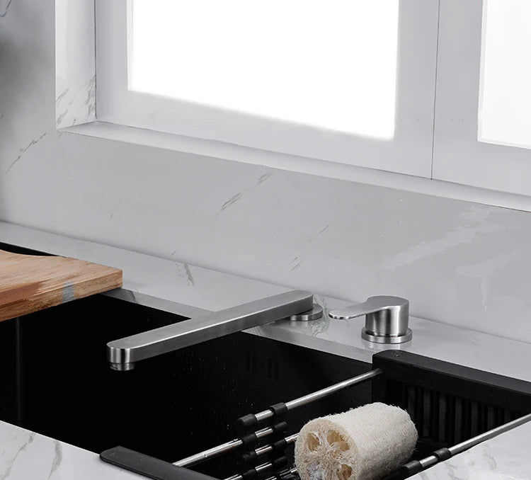 304 Stainless Steel Sink Faucet Hidden Lifting Folding Kitchen Faucet Hot and Cold Mixed Water Separate Sink Tap Dual Holes