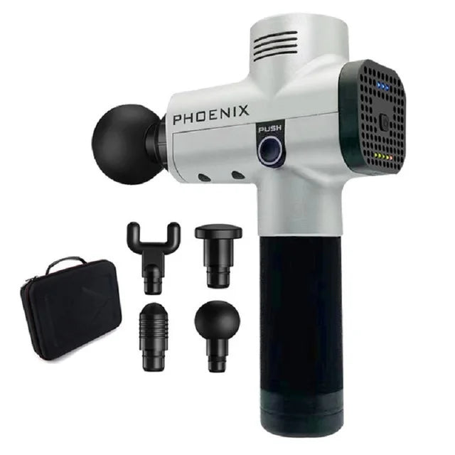Silver and black handheld muscle massage gun with four interchangeable heads and a carrying case.