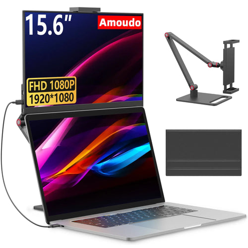 15.6-inch portable monitor with desk stand, white frame and connected USB cable