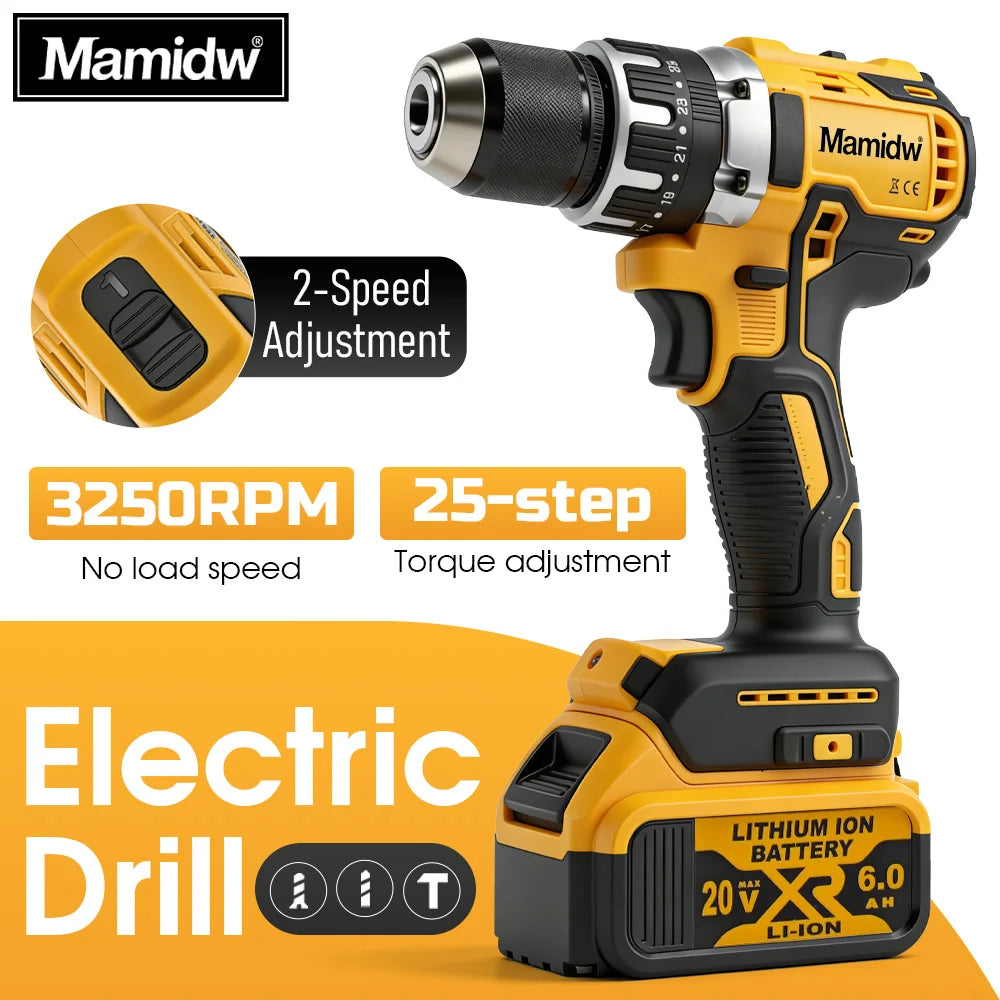 Mamidw 25+3 Multi-speed Torque Adjustment Brushless Electric Drill, Ergonomic Design, Durable Build, Compact Design, Sturdy Construction, Powerful Cordless Screwdriver (Tool Only) for DEWALT 20V Battery PIN Power Tool