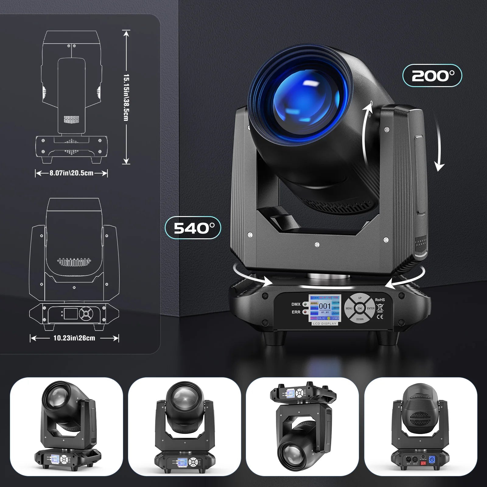 U'King 150W Beam Moving Head Light Rotating 18 Prisms 14 Gobos LED Rainbow Effect Zoom Stage Light DMX512 for DJ Disco Wedding