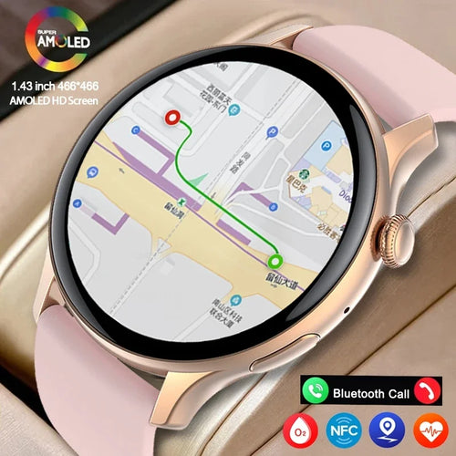 Rose gold smartwatch with black bezel, circular AMOLED display showing a street map.