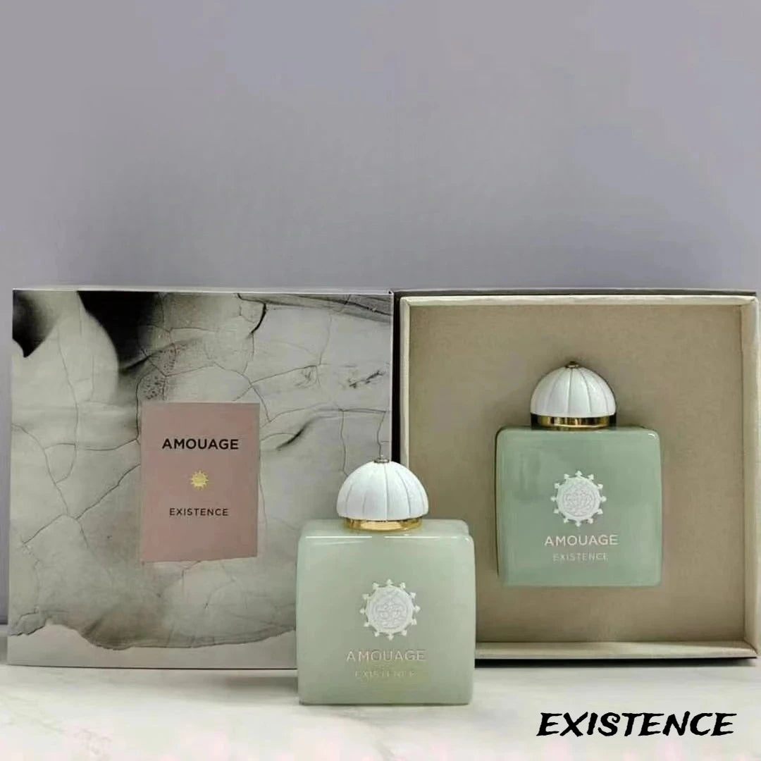 Amouage Existence women’s EDP: pale green square glass bottle, white domed cap, elegant luxury long-lasting fragrance.