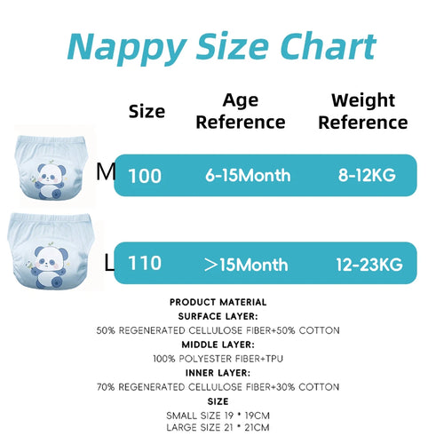 Baby care nappy size chart for panda design training diapers, showing size M and L weight and age ranges.